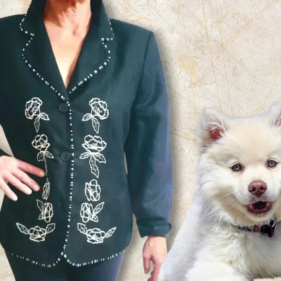 Mary McFadden Collection Black Blazer Linen Blend Embrodered  Size 16 P - Picture 1 of 8